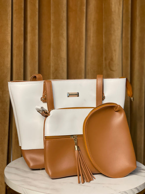 White and brown handbag with 2  pouch