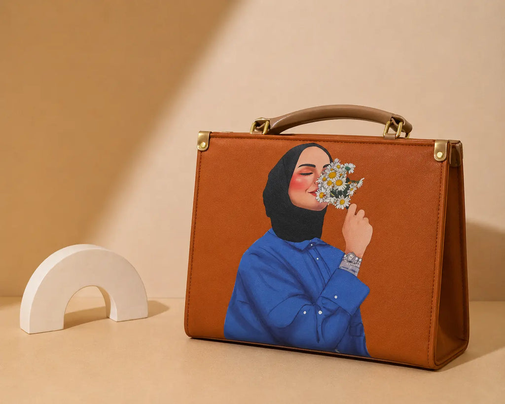Brown suitcase with a painted design of a person holding flowers on a beige background