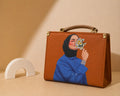 Brown suitcase with a painted design of a person holding flowers on a beige background