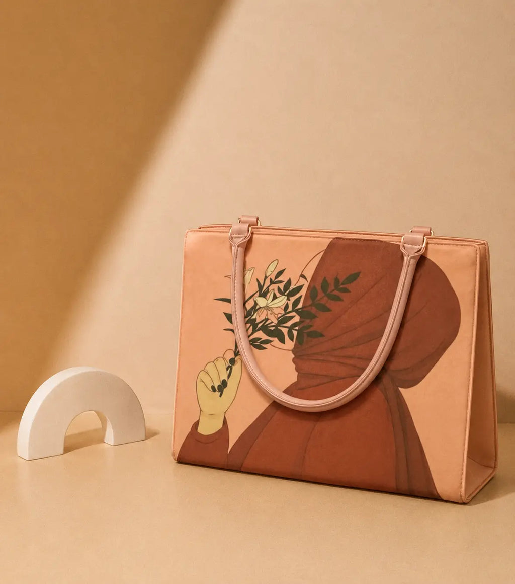 Handbag with artistic design on a beige background