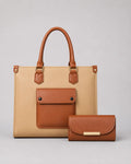 A structured tote bag in beige and brown leather with dual top handles and a front flap pocket, shown alongside a matching brown wallet on a light gray studio background.
