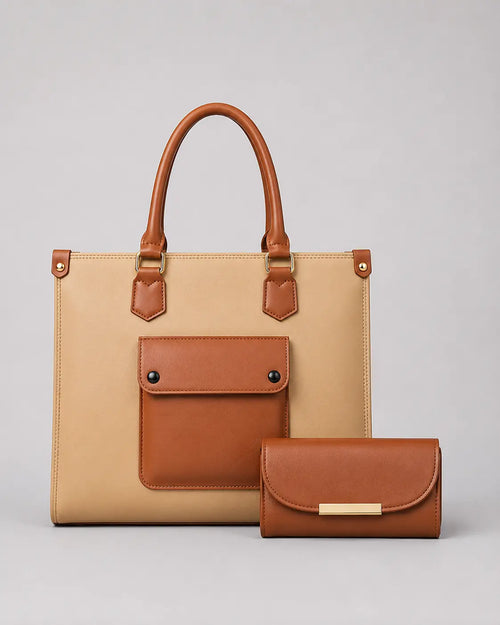A structured tote bag in beige and brown leather with dual top handles and a front flap pocket, shown alongside a matching brown wallet on a light gray studio background.