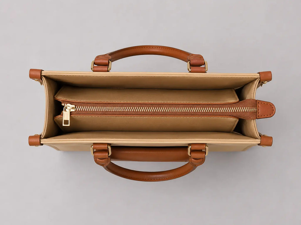 Top-down view of a structured tote bag with tan canvas exterior, warm brown leather handles, and a gold-tone zipper closure, shown on a neutral gray background.
