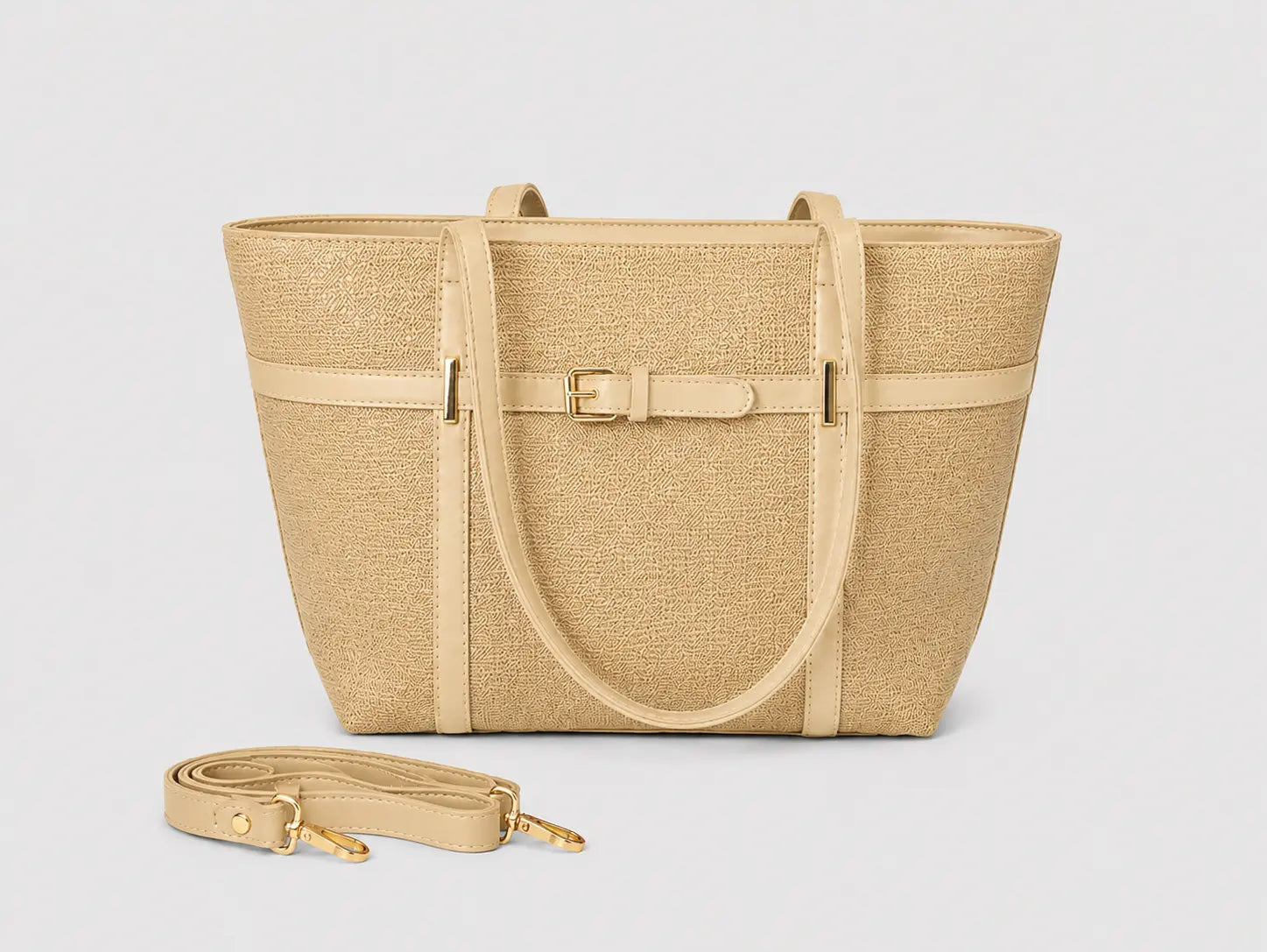 A structured tote bag in a woven beige material with light beige trim, featuring a central buckle strap detail and a detachable shoulder strap placed in front, set against a plain light gray background.
