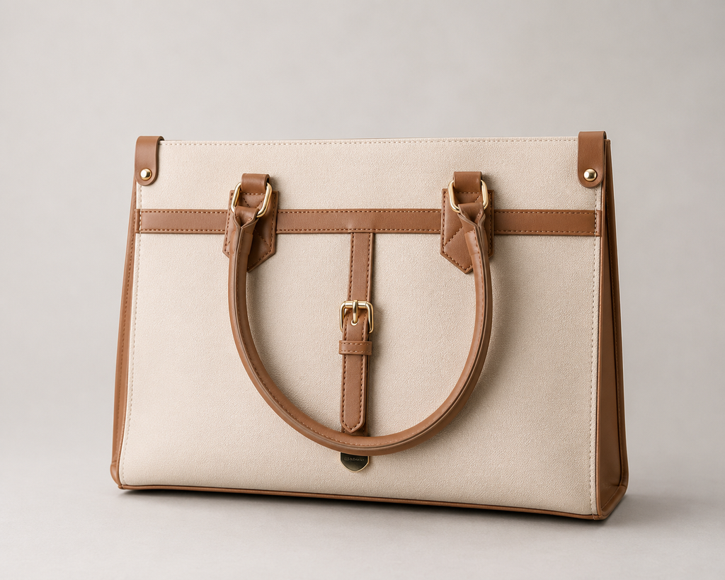 A structured tote handbag in off-white canvas with tan leather trim, double top handles, and gold-tone hardware, photographed against a neutral light gray background.