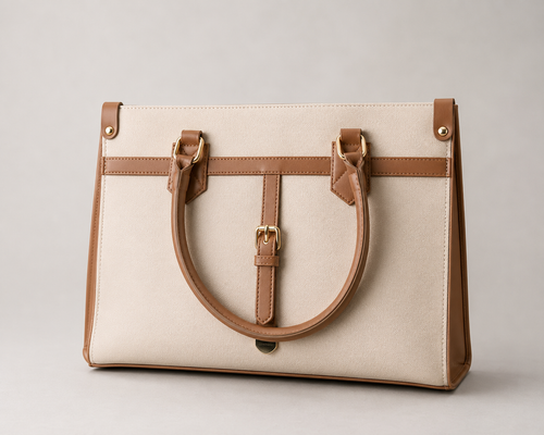 A structured tote handbag in off-white canvas with tan leather trim, double top handles, and gold-tone hardware, photographed against a neutral light gray background.