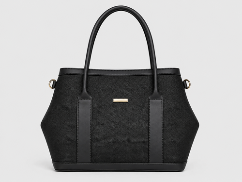 A structured black handbag with a woven texture, dual top handles, vertical leather side panels, and a small gold-tone rectangular logo plaque on the front, shown against a light gray background.