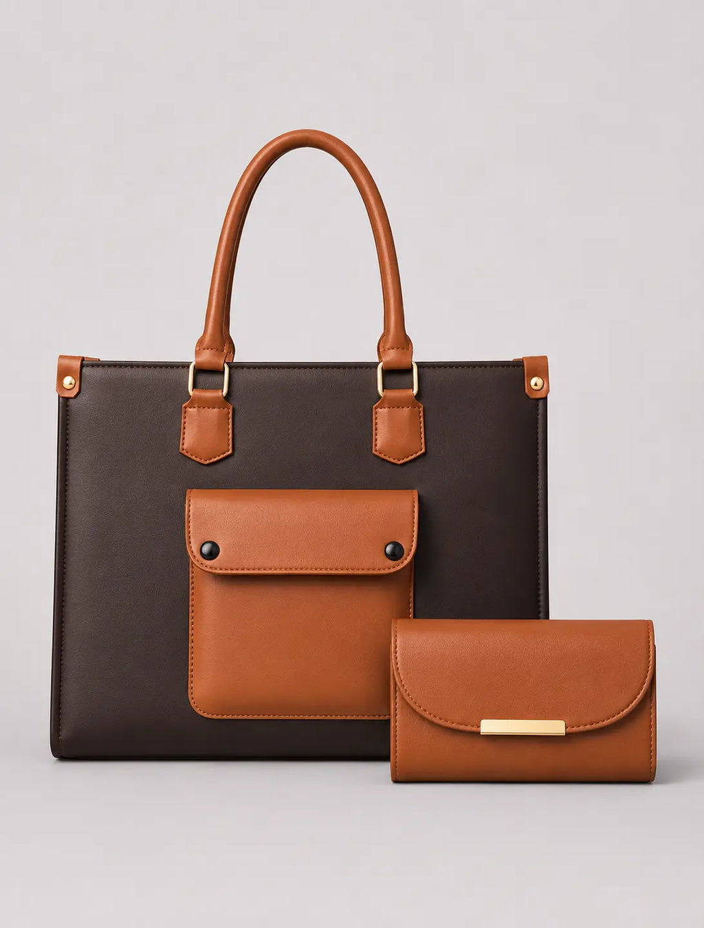 A structured tote bag in dark brown and tan leather with gold-tone hardware, shown with a matching tan wallet in front on a light gray studio background.