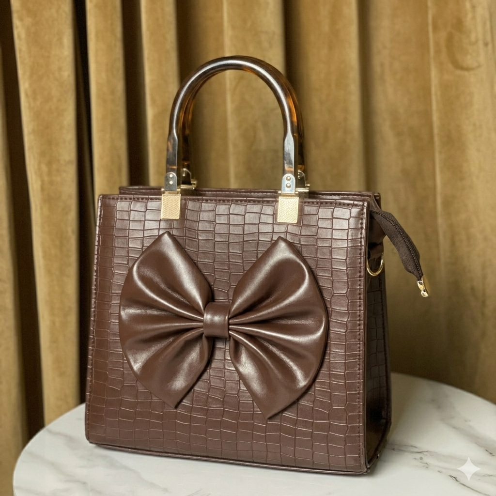 Brown textured handbag with a large bow 