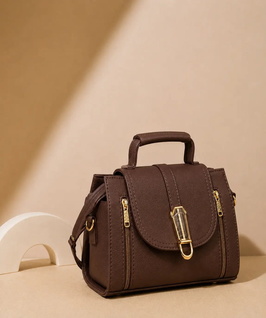  Brown Double Zipper Hand bag 