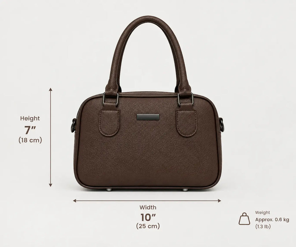 A dark brown textured handbag shown on a light gray background with dimension lines and text indicating height 7 in (18 cm), width 10 in (25 cm), and weight approx. 0.