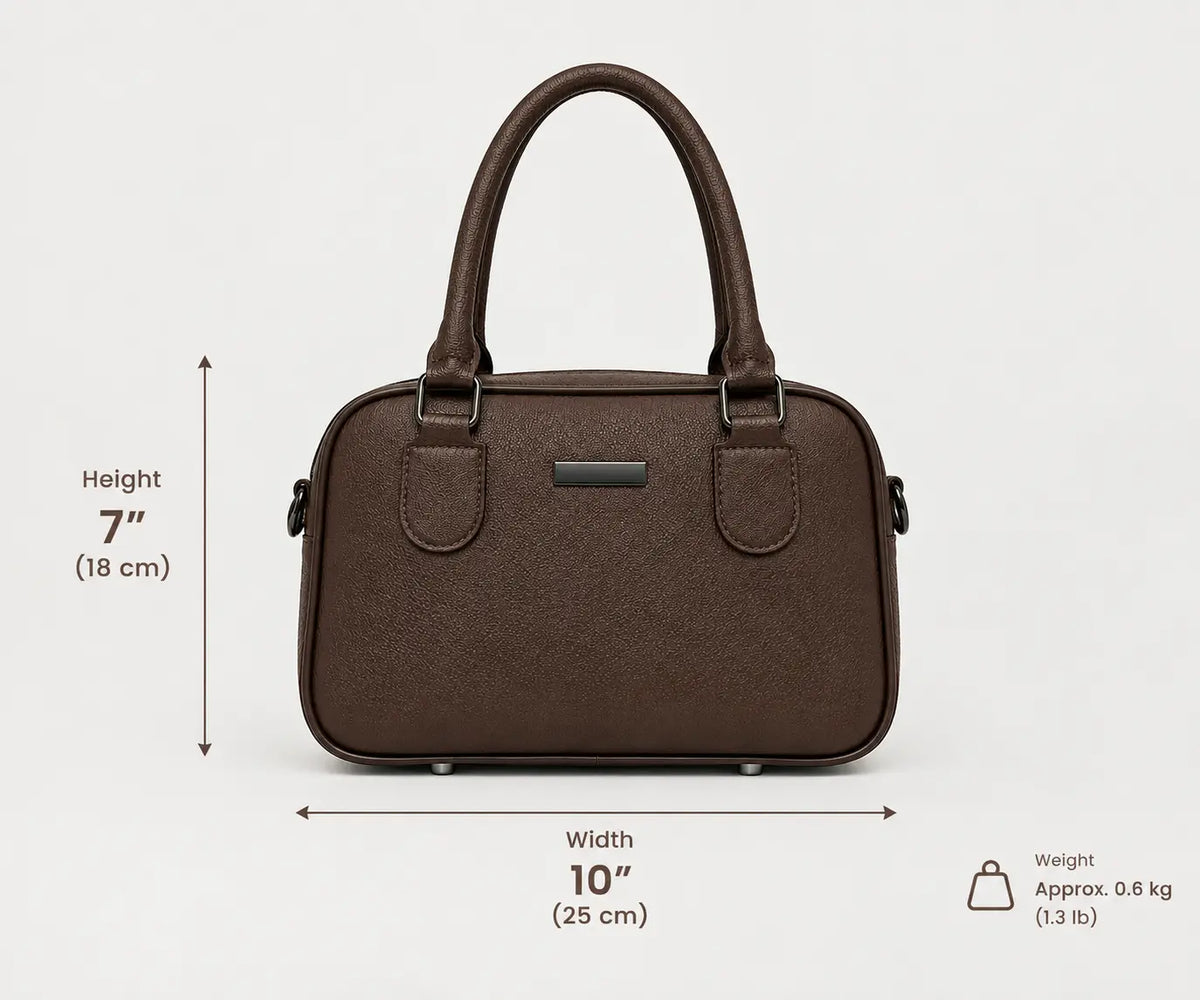A dark brown textured handbag shown on a light gray background with dimension lines and text indicating height 7 in (18 cm), width 10 in (25 cm), and weight approx. 0.