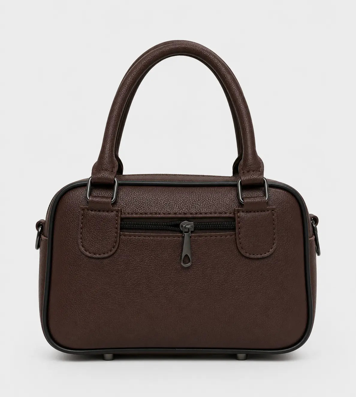 A dark brown textured faux-leather handbag with dual top handles, a front zippered pocket, and side pockets, shown against a plain light gray background.