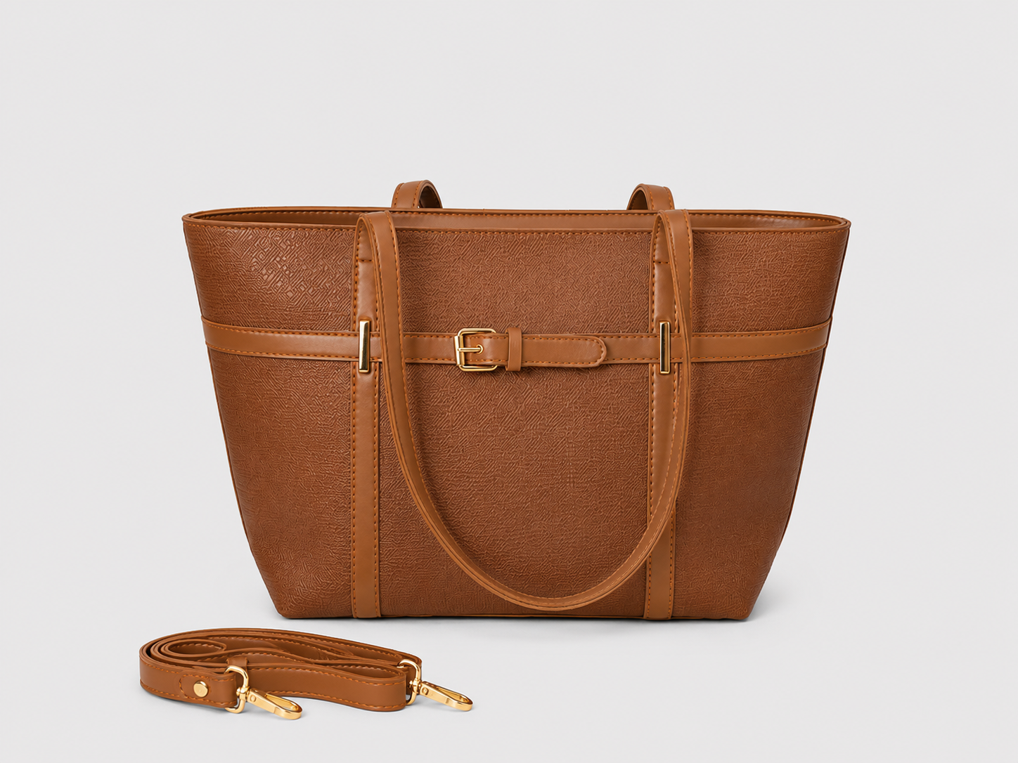 A structured brown faux-leather tote bag with a matching detachable shoulder strap, displayed on a light gray background.