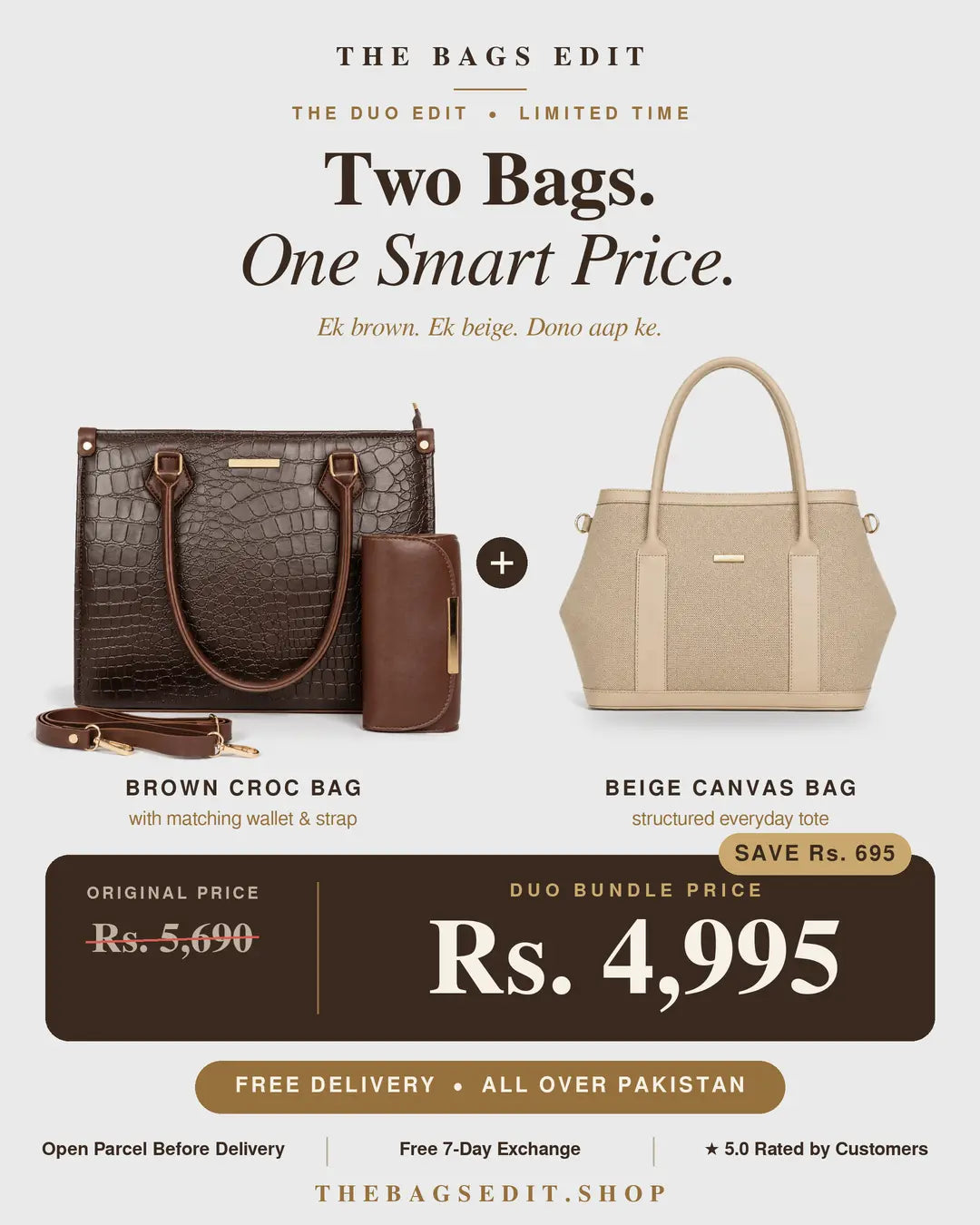 Promotional graphic for a two-bag bundle from The Bags Edit, featuring a brown crocodile-embossed handbag with a matching wallet on the left and a beige canvas tote bag on the right, with text and pricing details below.