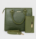 An olive green handbag set with a crocodile-embossed texture, featuring dual top handles, a detachable shoulder strap, and a matching zippered wallet or card holder, shown on a light gray background.
