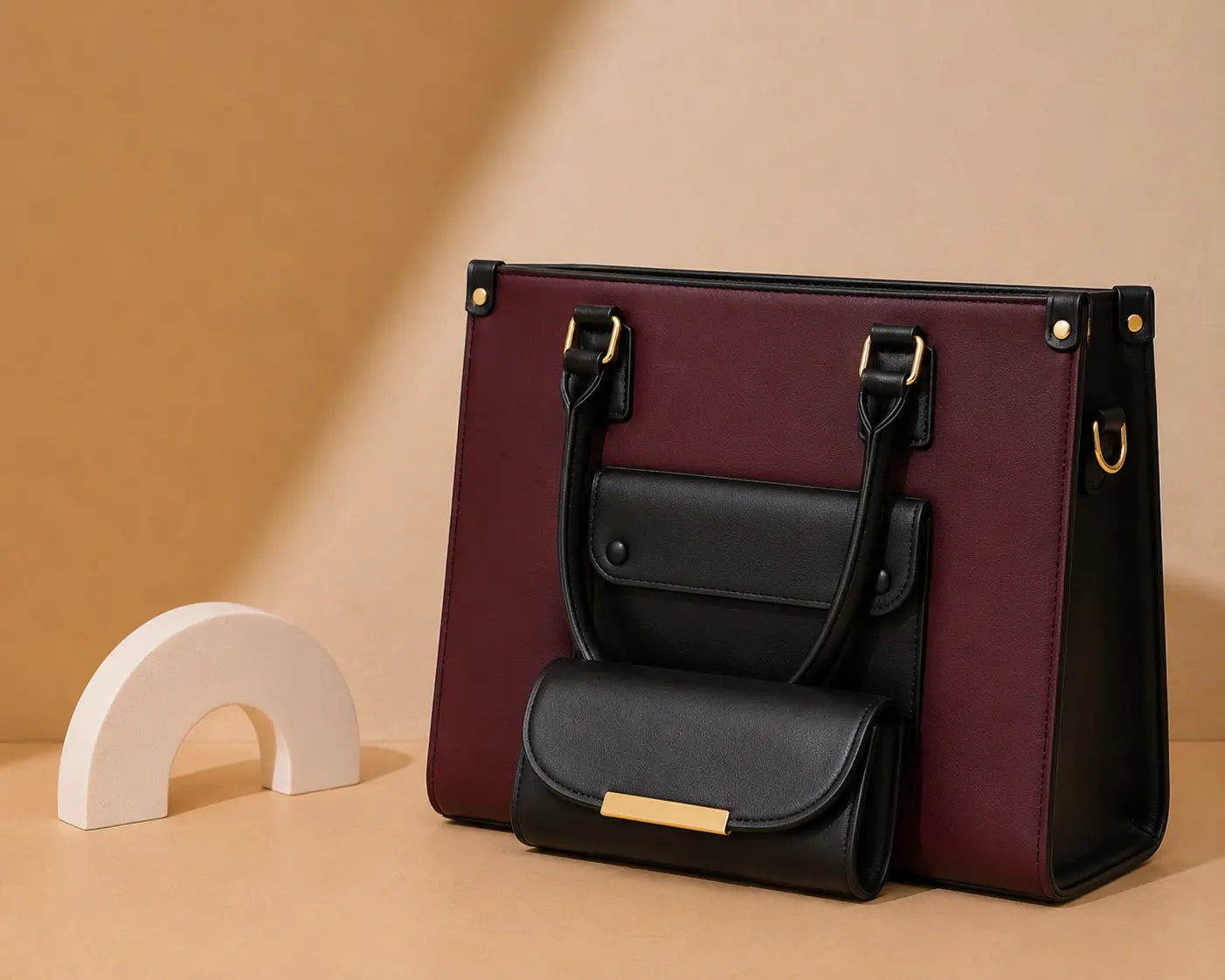 Two handbags, one maroon and one black, on a beige surface with a beige background.