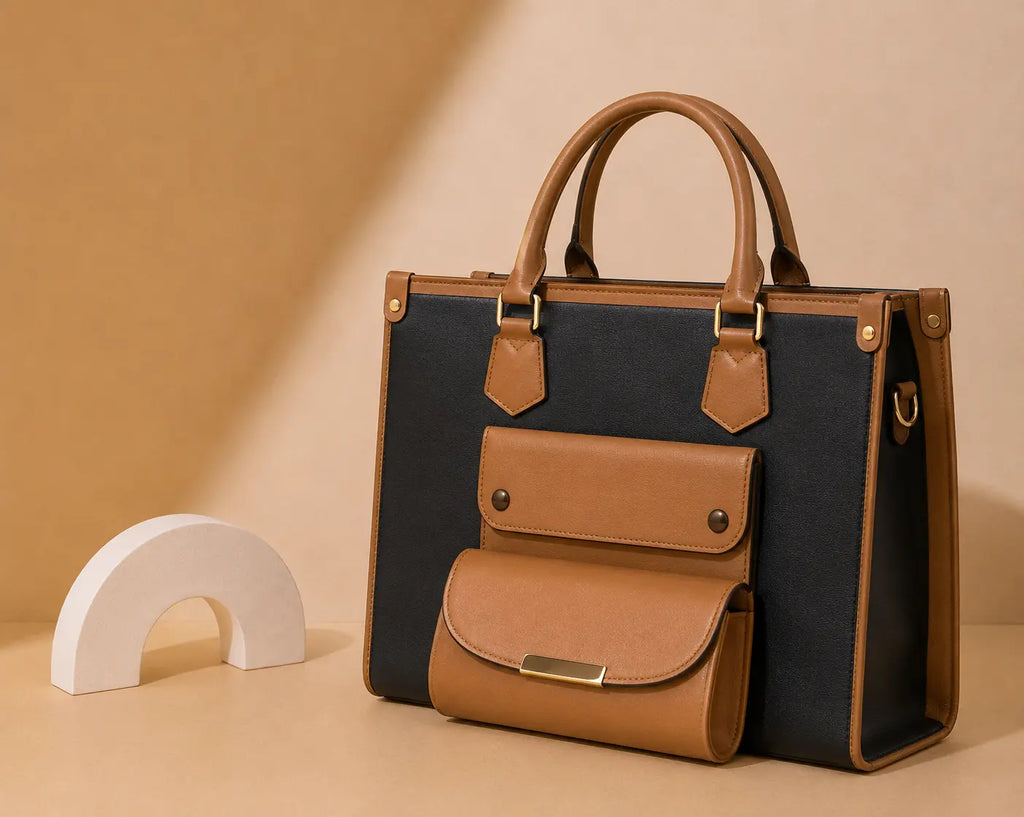 Brown and black handbag with a white arch-shaped object on a beige background