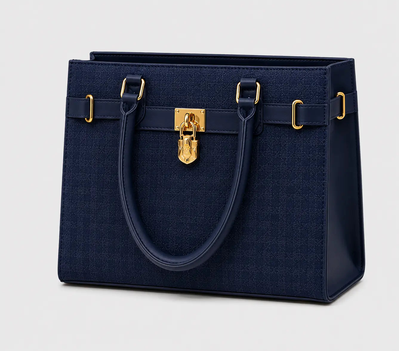 A structured navy blue handbag with a textured woven body, smooth leather handles, and gold-tone hardware, shown on a light gray background.
