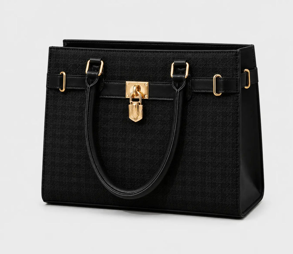 A structured black handbag with a subtle woven texture, featuring dual top handles, a central horizontal strap with gold-tone hardware, and a prominent gold padlock clasp on the front.