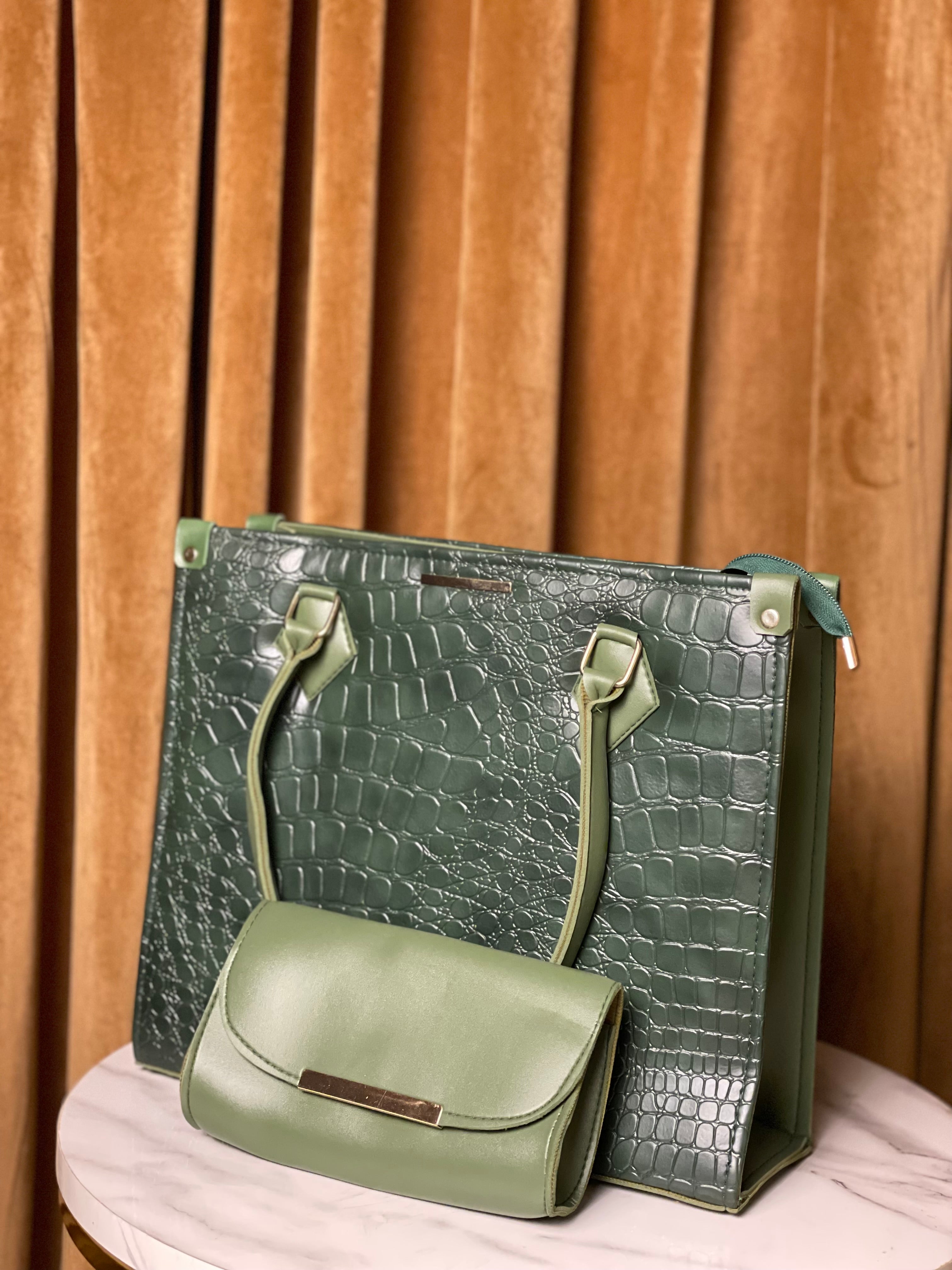 Green leather handbag with textured surface 