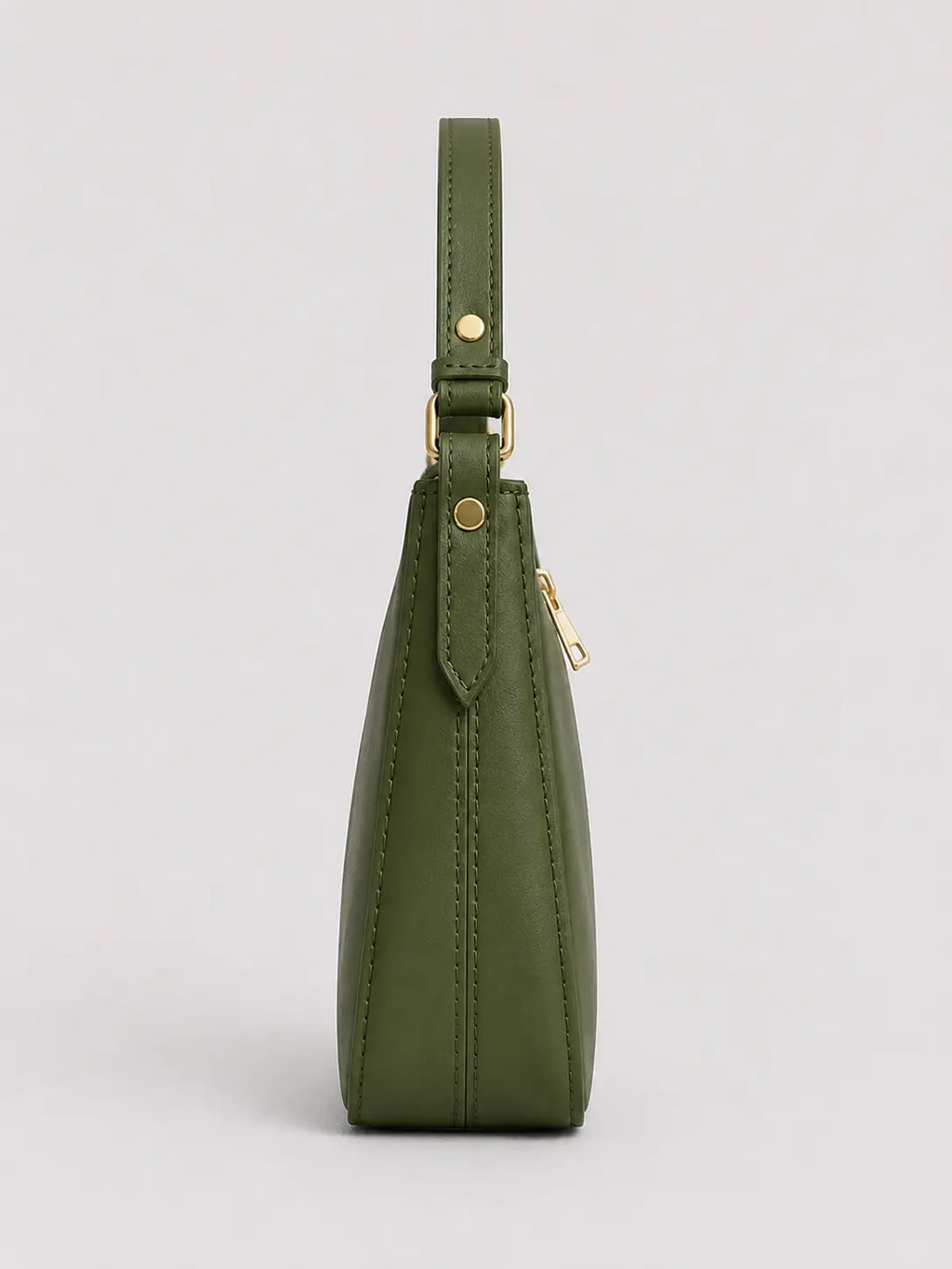 An olive green leather shoulder bag shown from a side profile view against a light gray background.