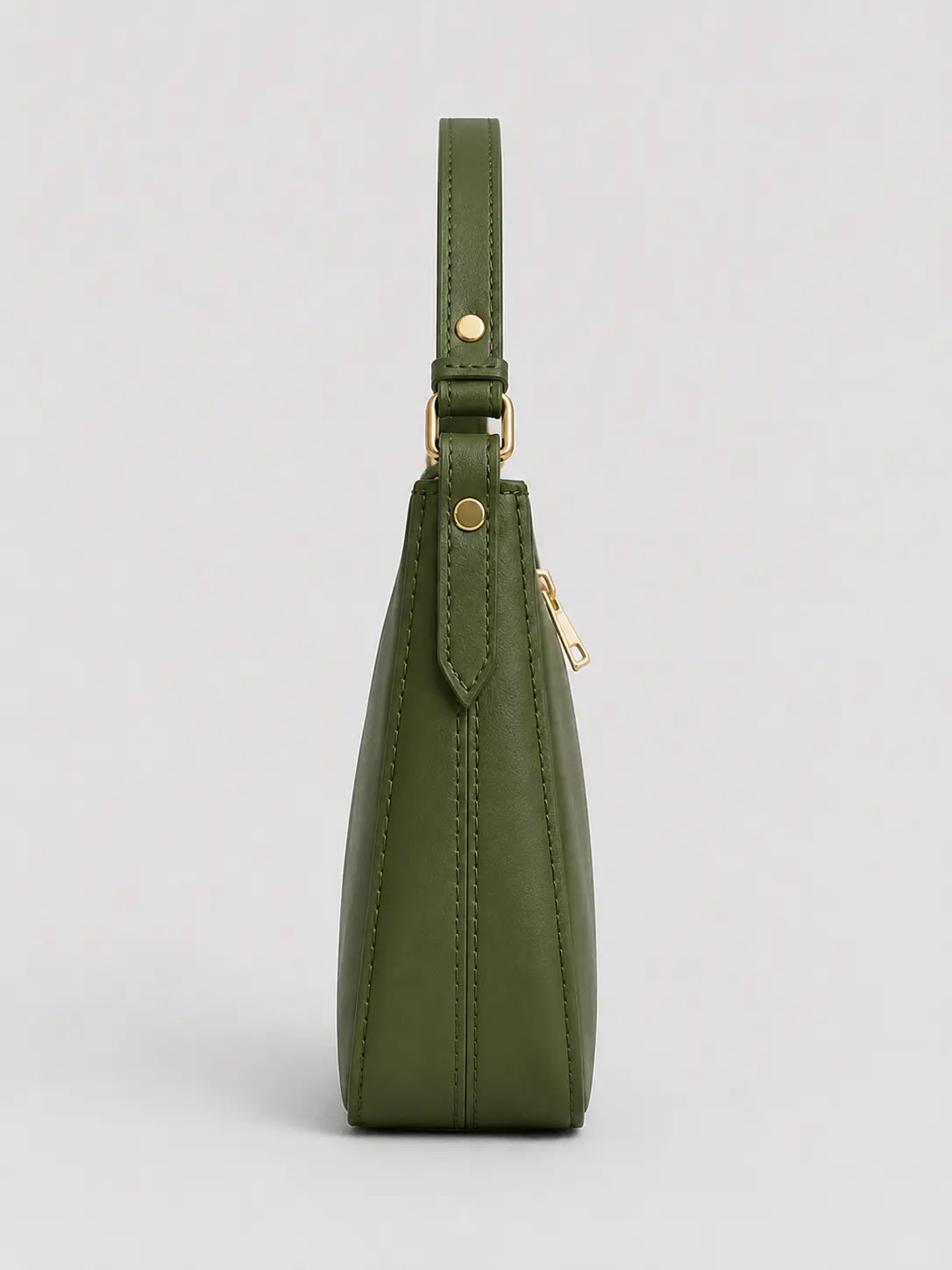 An olive green leather shoulder bag shown from a side profile view against a light gray background.