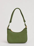 An olive green crescent-shaped shoulder bag with a single adjustable strap and gold-tone hardware, shown against a plain light gray background.