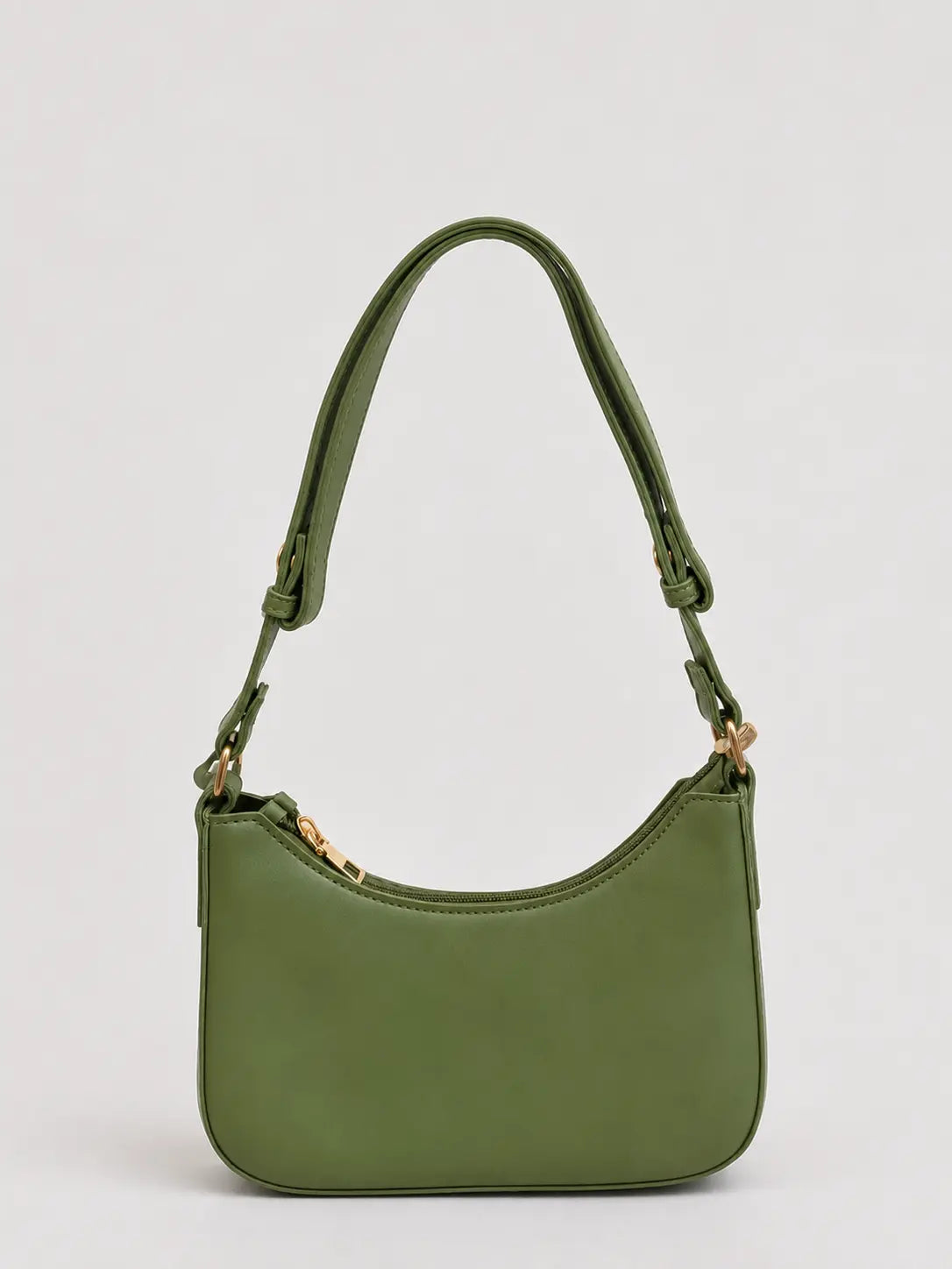 An olive green crescent-shaped shoulder bag with a single adjustable strap and gold-tone hardware, shown against a plain light gray background.