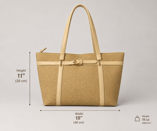 A beige woven tote bag with light tan handles and trim, shown on a light gray background with dimension lines indicating height 11 inches, width 18 inches, and weight 16 oz.