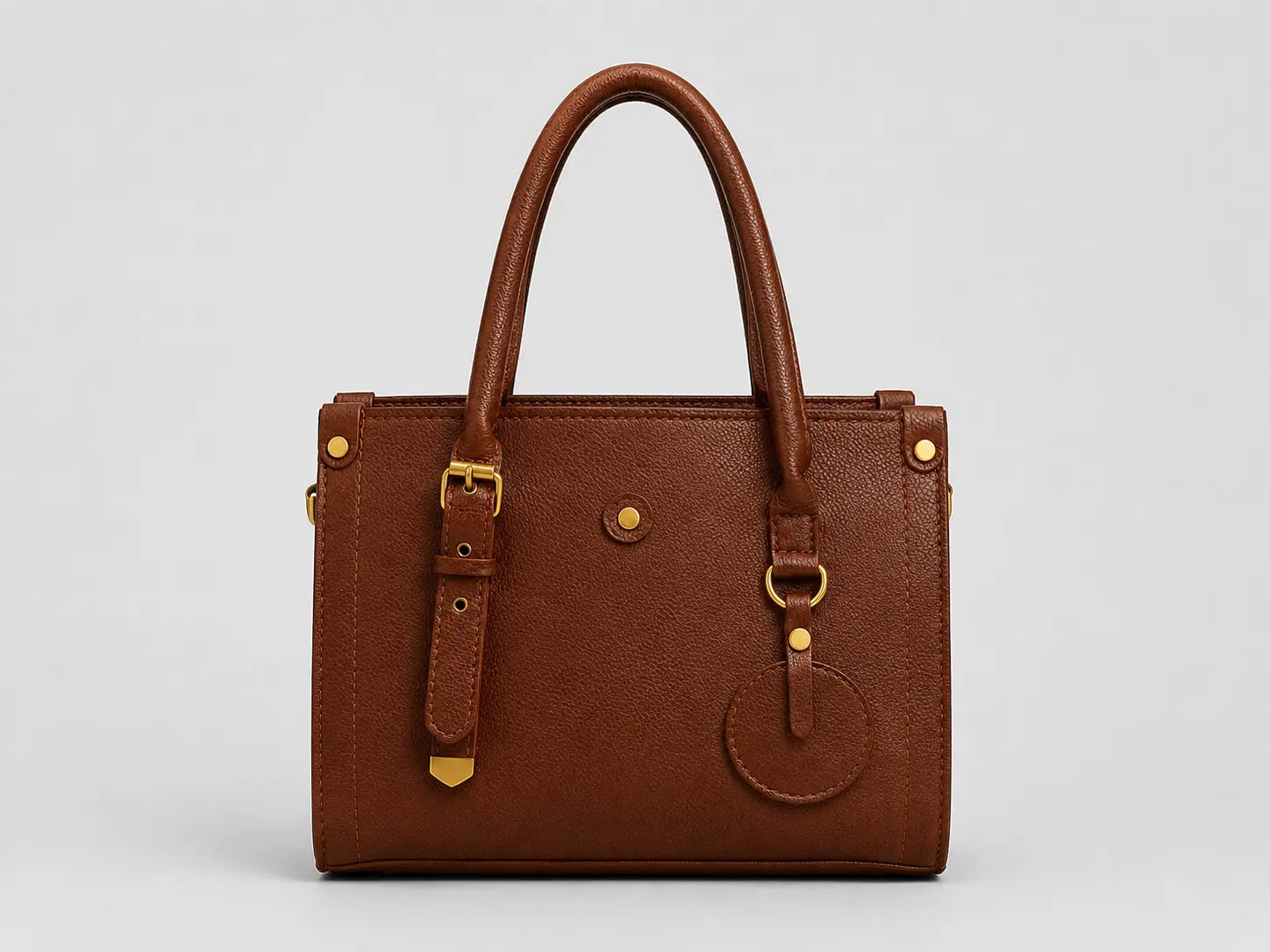 A structured brown leather handbag with dual top handles, gold-tone hardware, and a circular leather charm, photographed against a neutral light gray background.