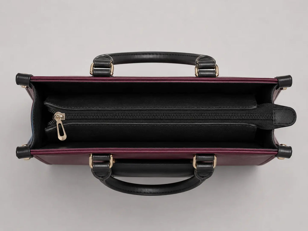 Top-down view of a structured handbag in burgundy and black leather, showing the interior zippered compartment and gold-tone hardware against a light gray background.