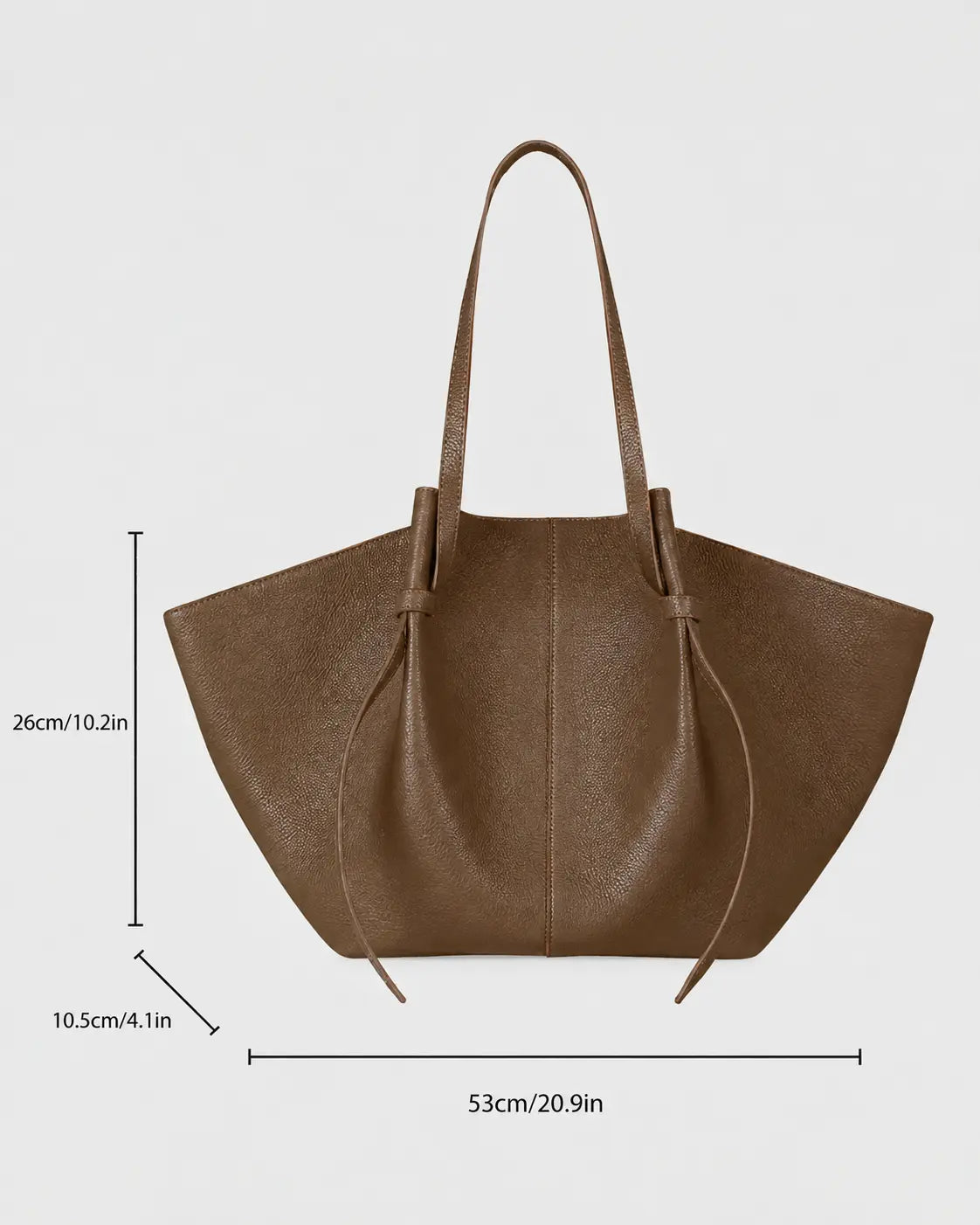 A brown textured leather tote bag with dual shoulder straps, shown on a light gray background with dimension lines and measurements indicating 53cm width, 26cm height, and 10.5cm depth.