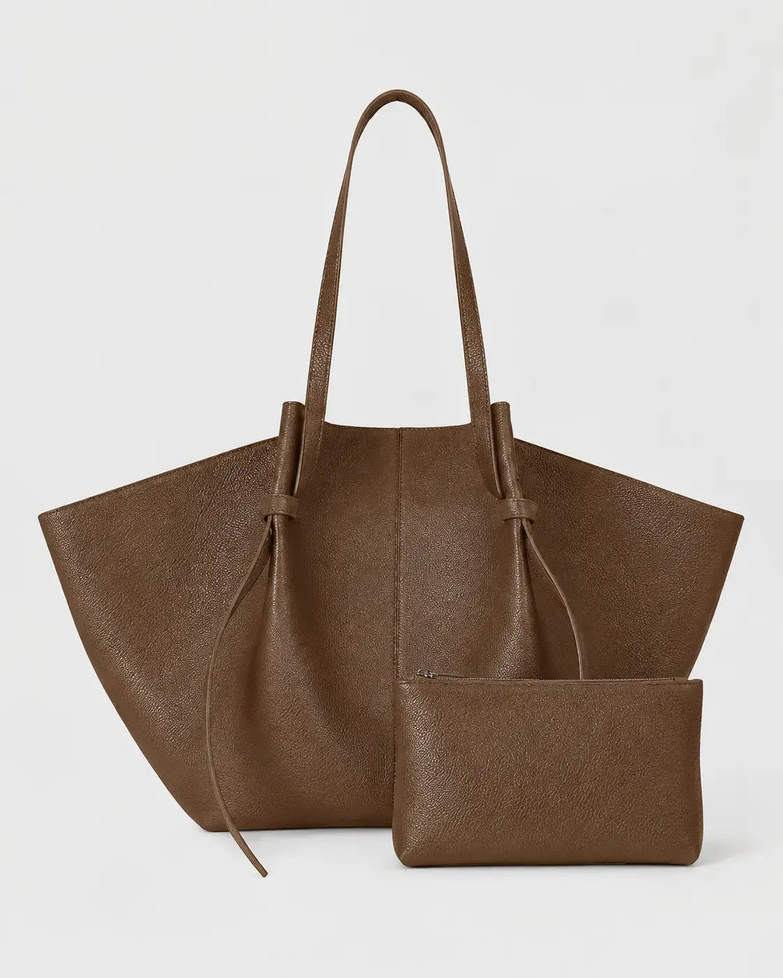 A brown pebbled faux-leather tote bag with two shoulder straps and a matching zippered pouch, displayed on a light gray background.
