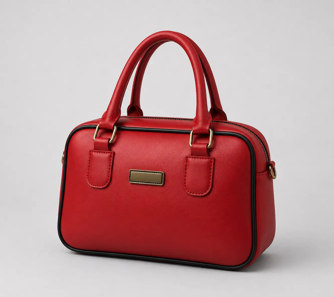 A structured red faux-leather handbag with dual top handles, gold-tone hardware, and black piping details, shown on a neutral light gray background.